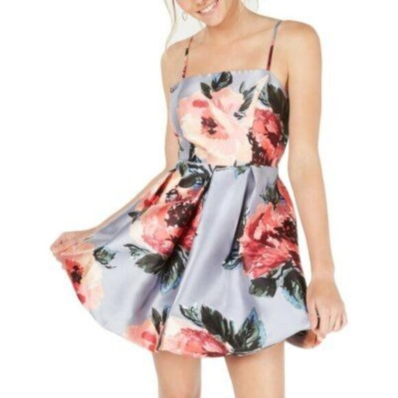 Crystal Doll Dresses & Skirts - Crystal Doll Juniors Gray Floral Print Satin Bubble Hem Party Mini Dress Size 5